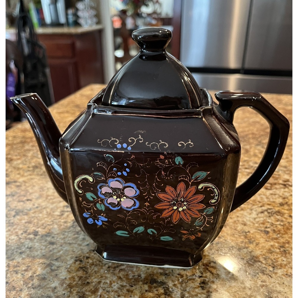 VTG Brown Betty Redware Pottery Moriage Tea Pot-1950's Brown Floral-Hand Painted